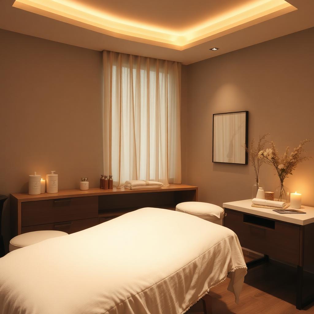 Esthetician treatment room with a facial bed, cream linens, and warm lighting